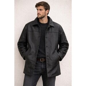 Vintage 90s Minimalist Leather Limited Black Leather Car Coat Grunge Jacket Sz L